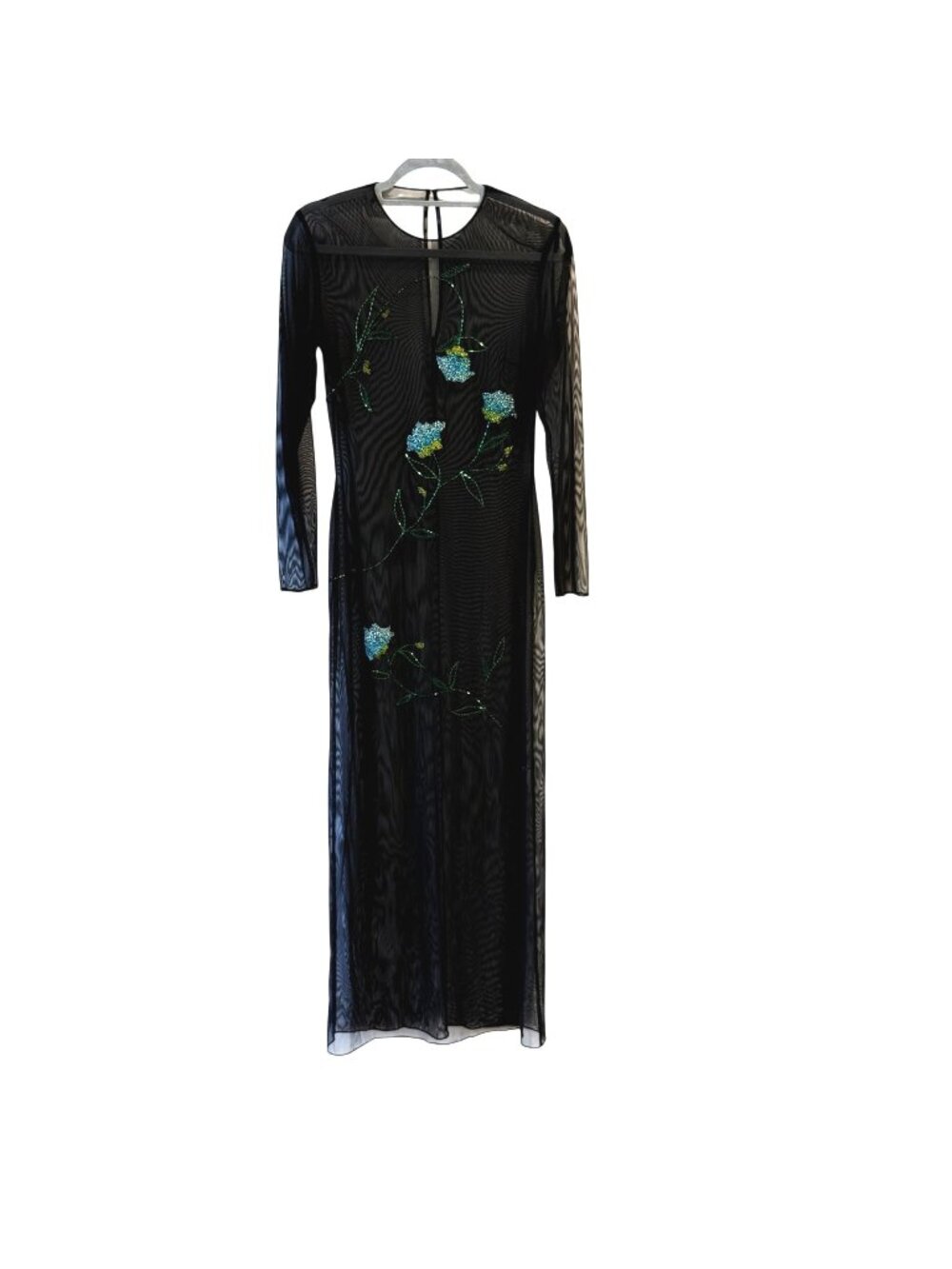 Vivienne Tam M Sheer Black Mesh Floral Beaded Embroidery Maxi Dress Long Sleeves